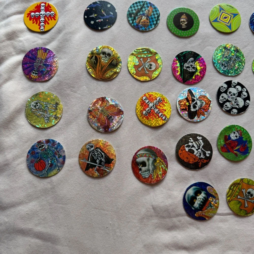Vintage 90s Pogs Lot 170 Nostalgia 2 Slammers Storage Tube Skulls Holo YinYang